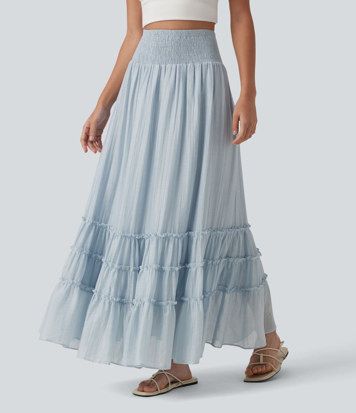 Jupe longue fluide à volants taille haute – Style resort