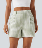 Short casual taille haute à rayures avec poches et aspect lin