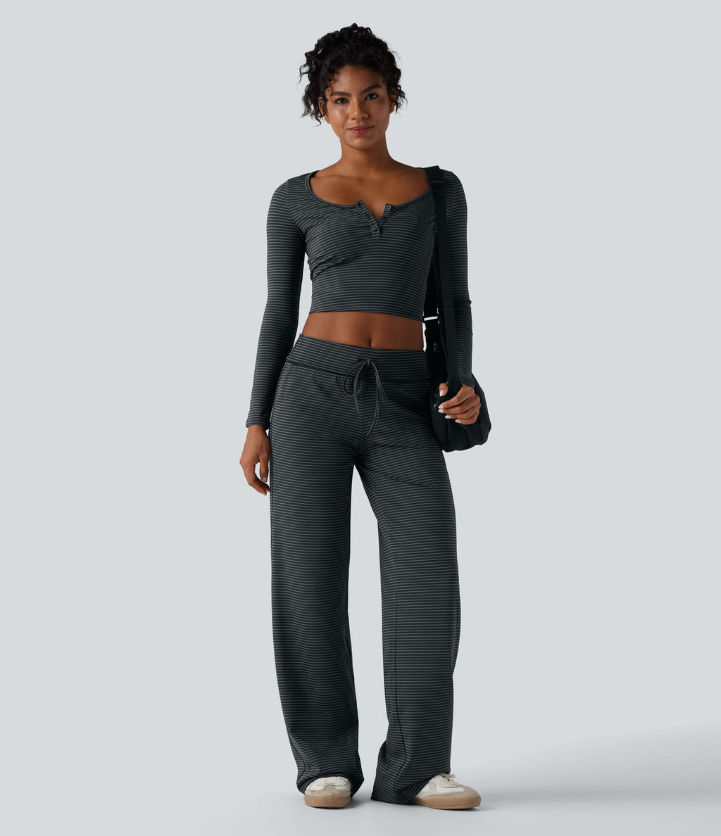 Pantalon décontracté droit à rayures taille basse repliable avec cordon de serrage et poches