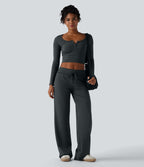 Pantalon décontracté droit à rayures taille basse repliable avec cordon de serrage et poches