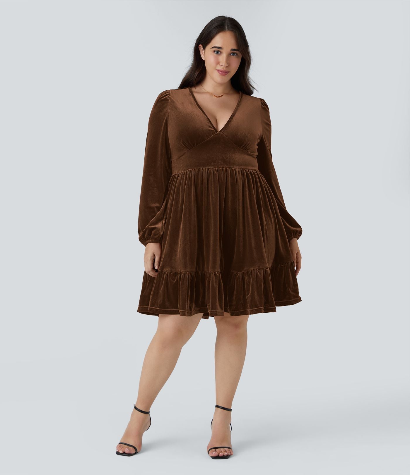 Quotidien de Robe Velours Mini Grande Taille avec Décolleté Profond en V et Ourlet à Volants