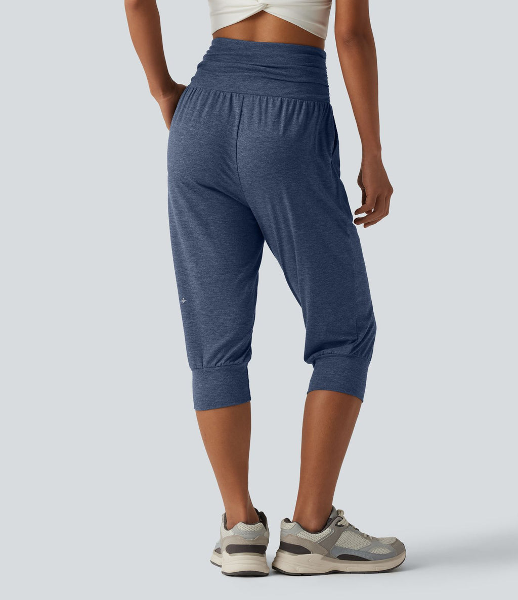 Jogging yoga corsaire chiné taille haute à fronces avec poches
