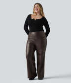 Pantalon flare grande taille en simili stretch doublé polaire, taille haute effet ventre plat avec poches