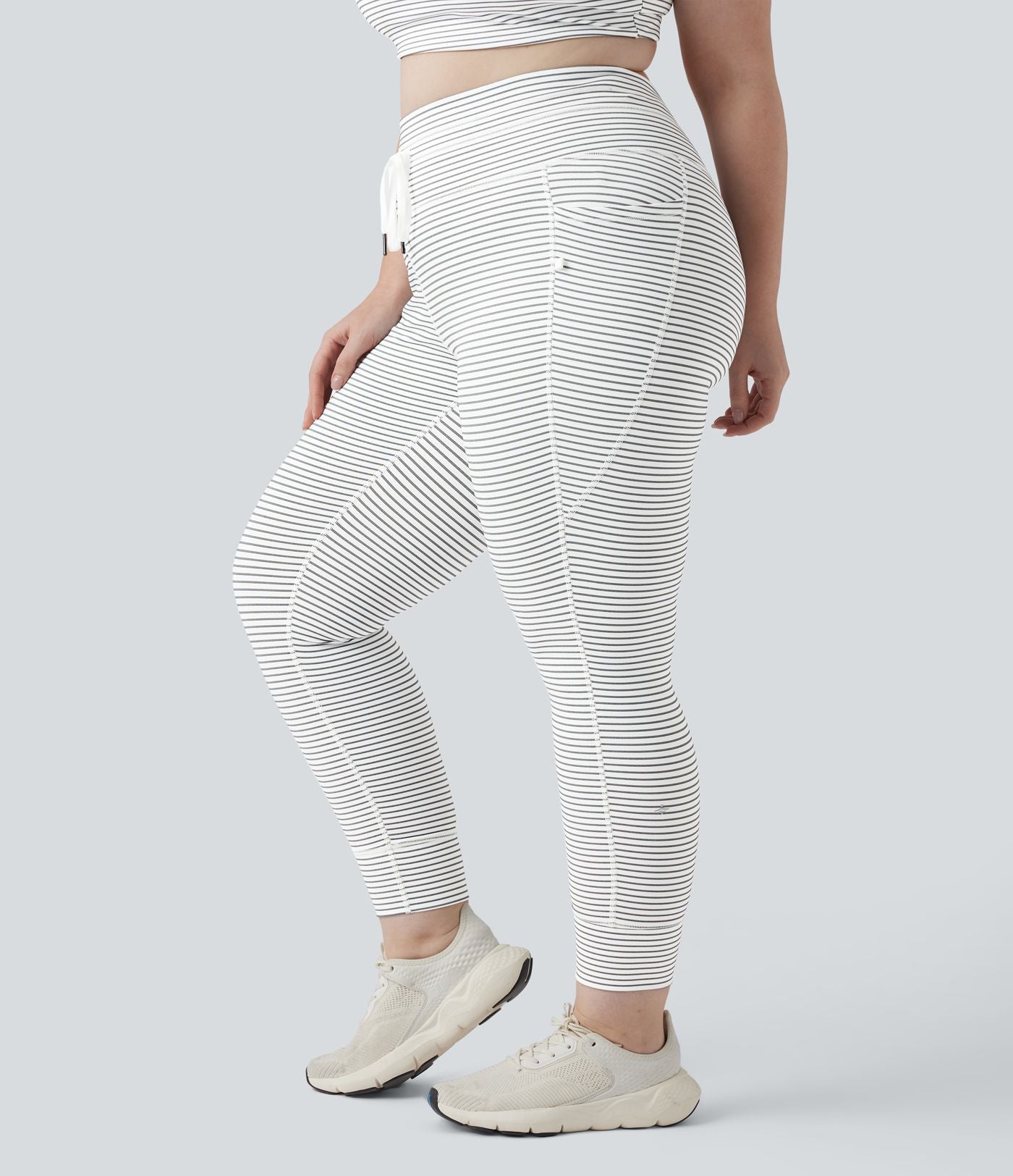 Legging yoga grande taille taille haute avec cordon de serrage à rayures avec poches
