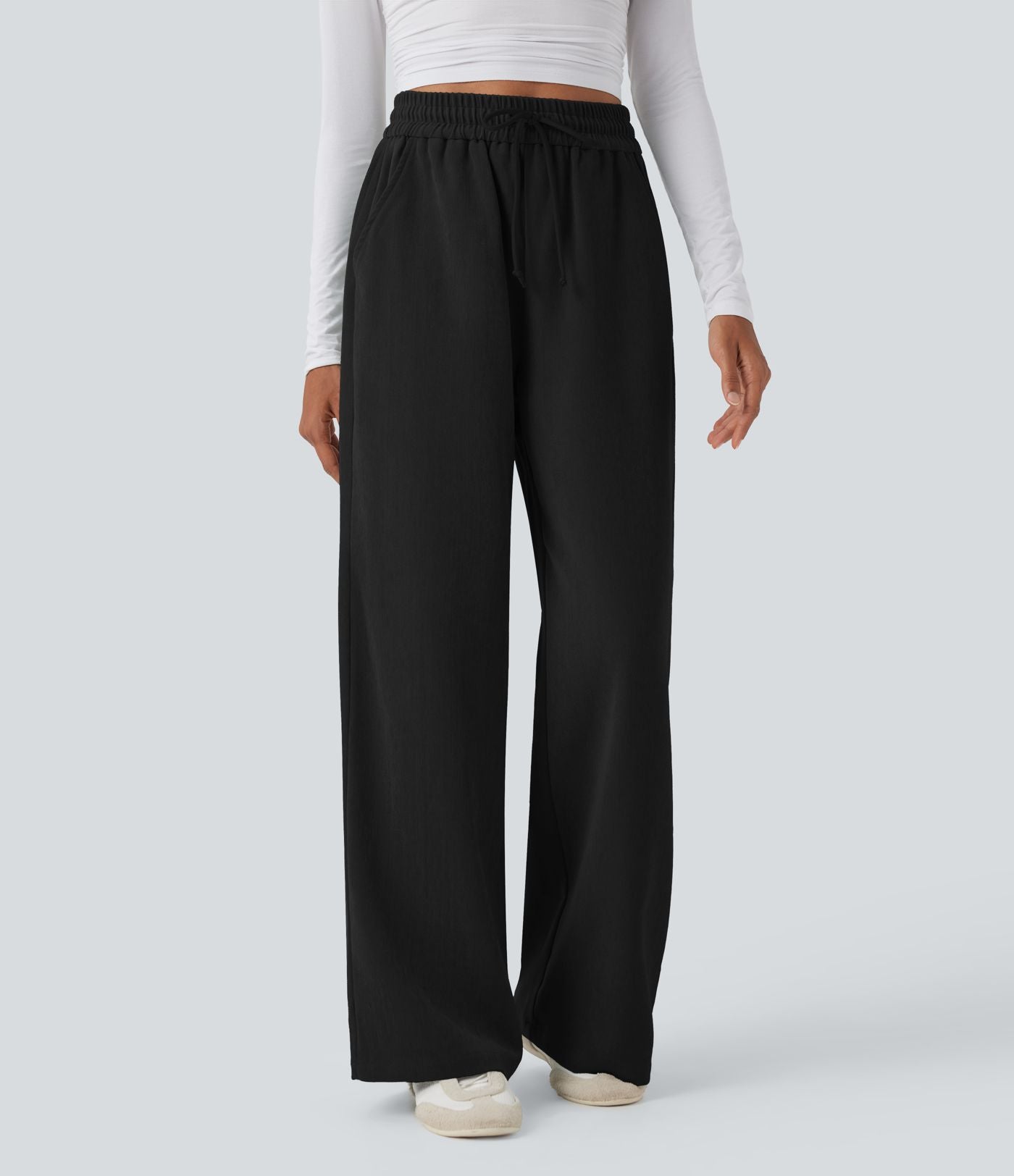 Pantalon décontracté jambe large taille haute avec cordon de serrage et poches