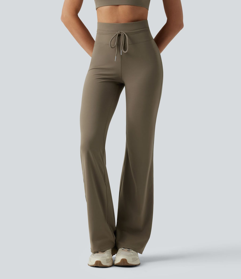 Pantalon de yoga évasé taille haute avec cordon de serrage uni et poches
