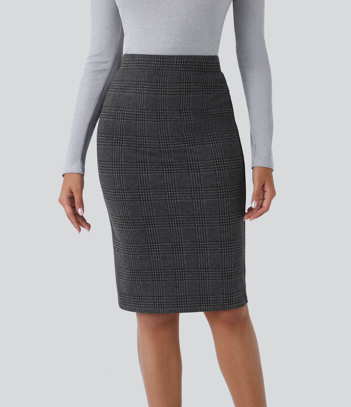 Jupe crayon de travail à taille haute, fente et motif pied-de-poule et carreaux