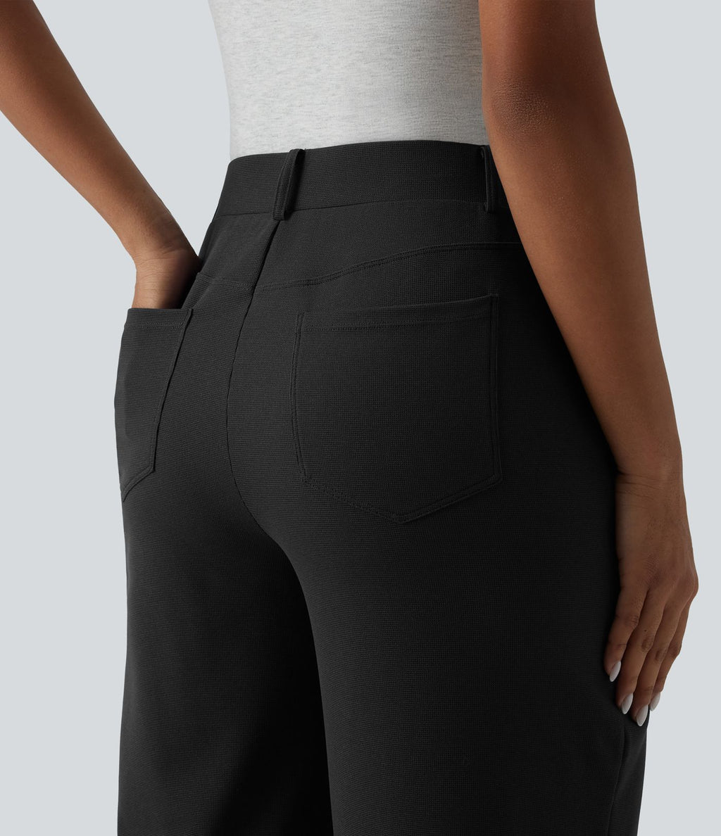 Pantalon décontracté large taille mi-haute gaufré avec poches