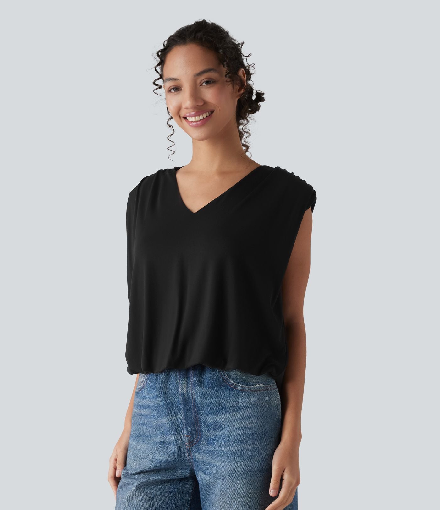 Top casual col V sans manches