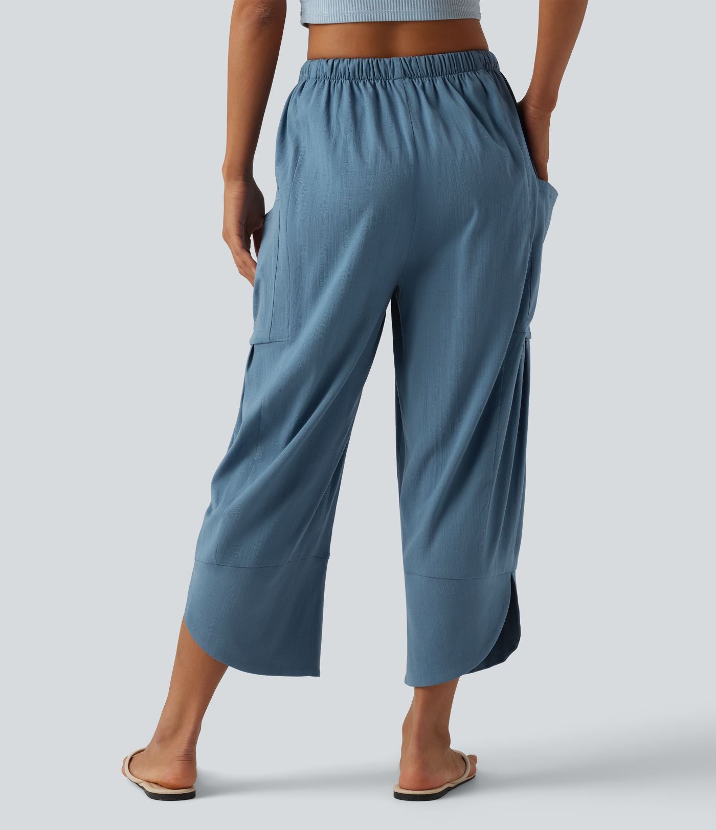 Pantalon court décontracté taille haute avec cordon de serrage, ourlet arrondi, effet lin et poches