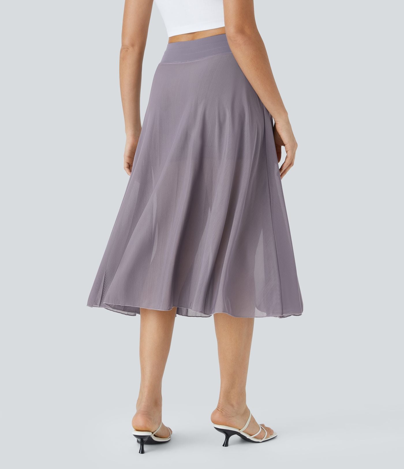 Jupe Casual Évasée Mesh Mi-Longue Fuide 2 en 1 Contrastée Taille Haute Cordon Poche Latérale