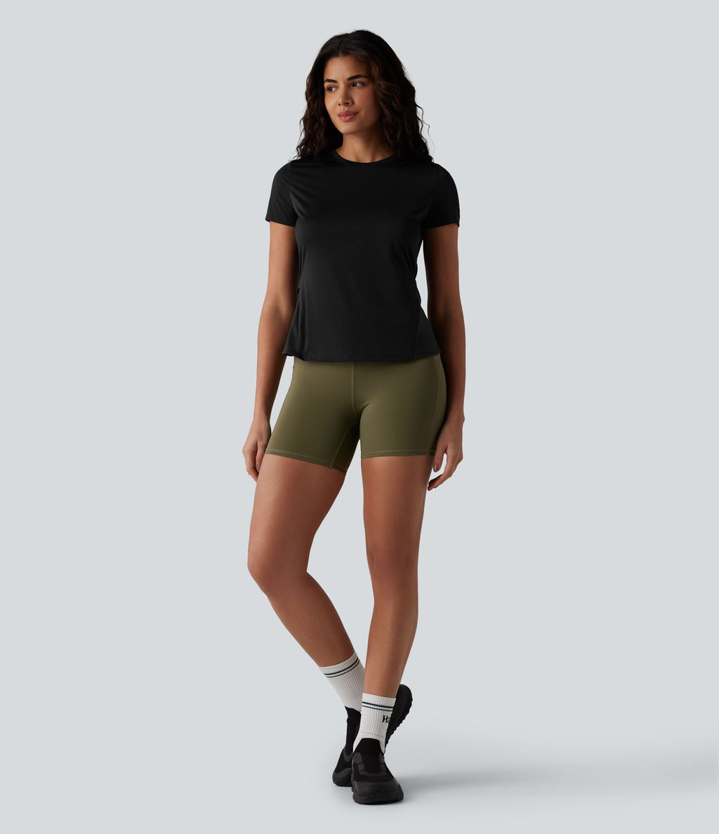 Haut de sport de course à col rond et manches courtes en maille contrastée