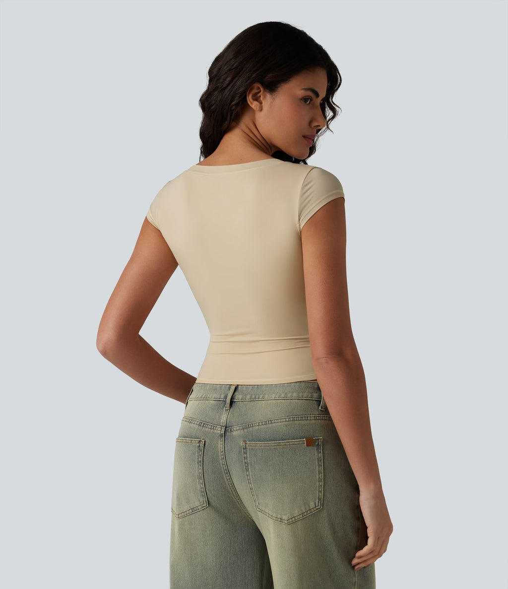 T-shirt décontracté ultra-ajusté col V manches courtes extensible et doux pour la peau