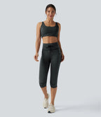 Legging 3/4 de yoga taille haute à rayures avec cordon de serrage et poches