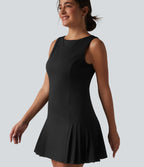 Robe mini habillée col bateau sans manches à rayures et détails plissés
