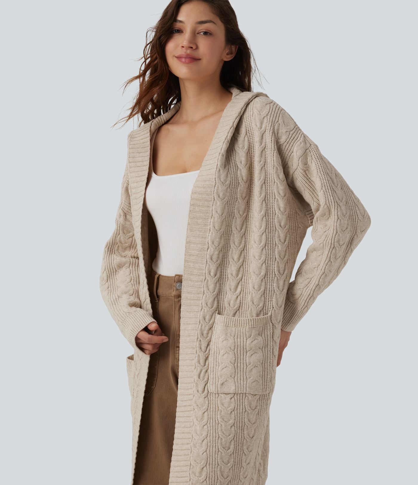 Gilet long casual à capuche manches longues avec poches