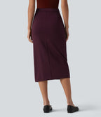 Jupe midi moulante tailleur taille haute croisée à rayures et ourlet fendu