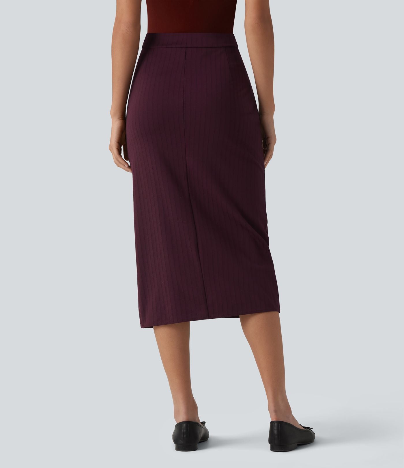 Jupe midi moulante tailleur taille haute croisée à rayures et ourlet fendu