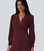 Robe casual midi col V à manches longues bouffantes