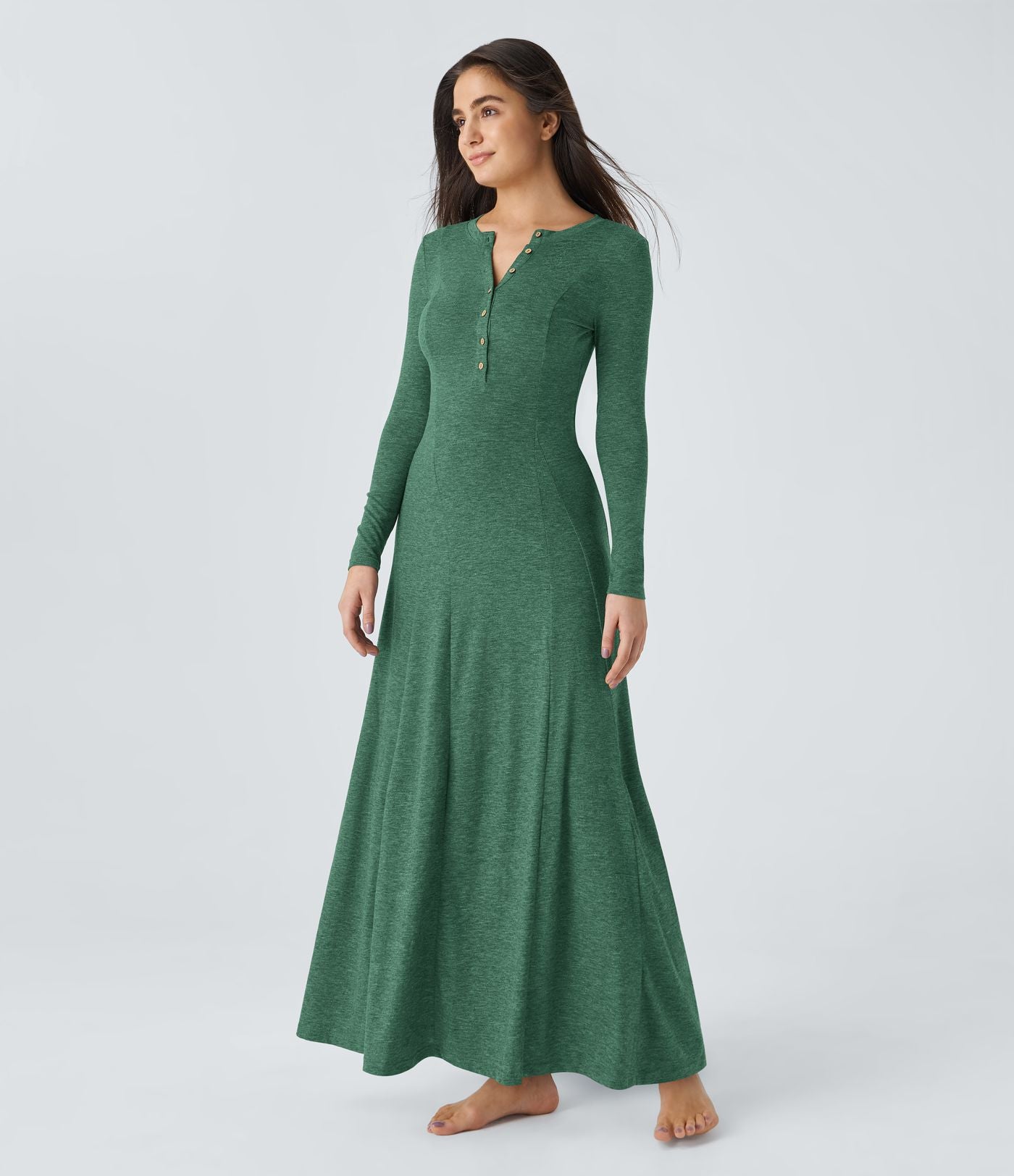 Robe de Casual Maxi Manches Longues Évasées et Boutons au Col Rond