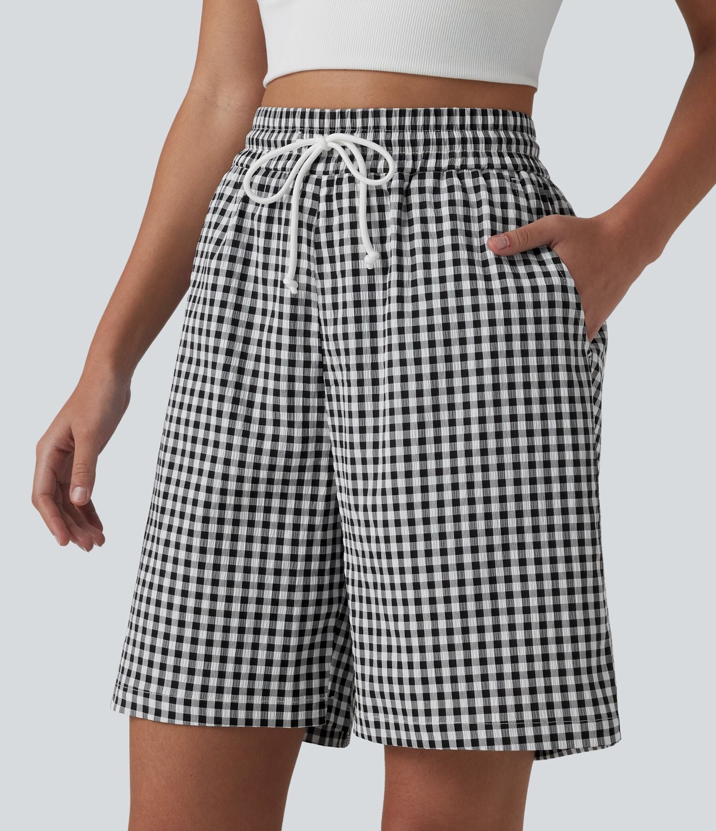 Short ample taille haute à carreaux vichy avec cordon de serrage et poches