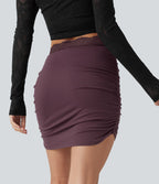 Jupe mini moulante 2-en-1 taille haute en dentelle contrastée, ourlet arrondi et froncé