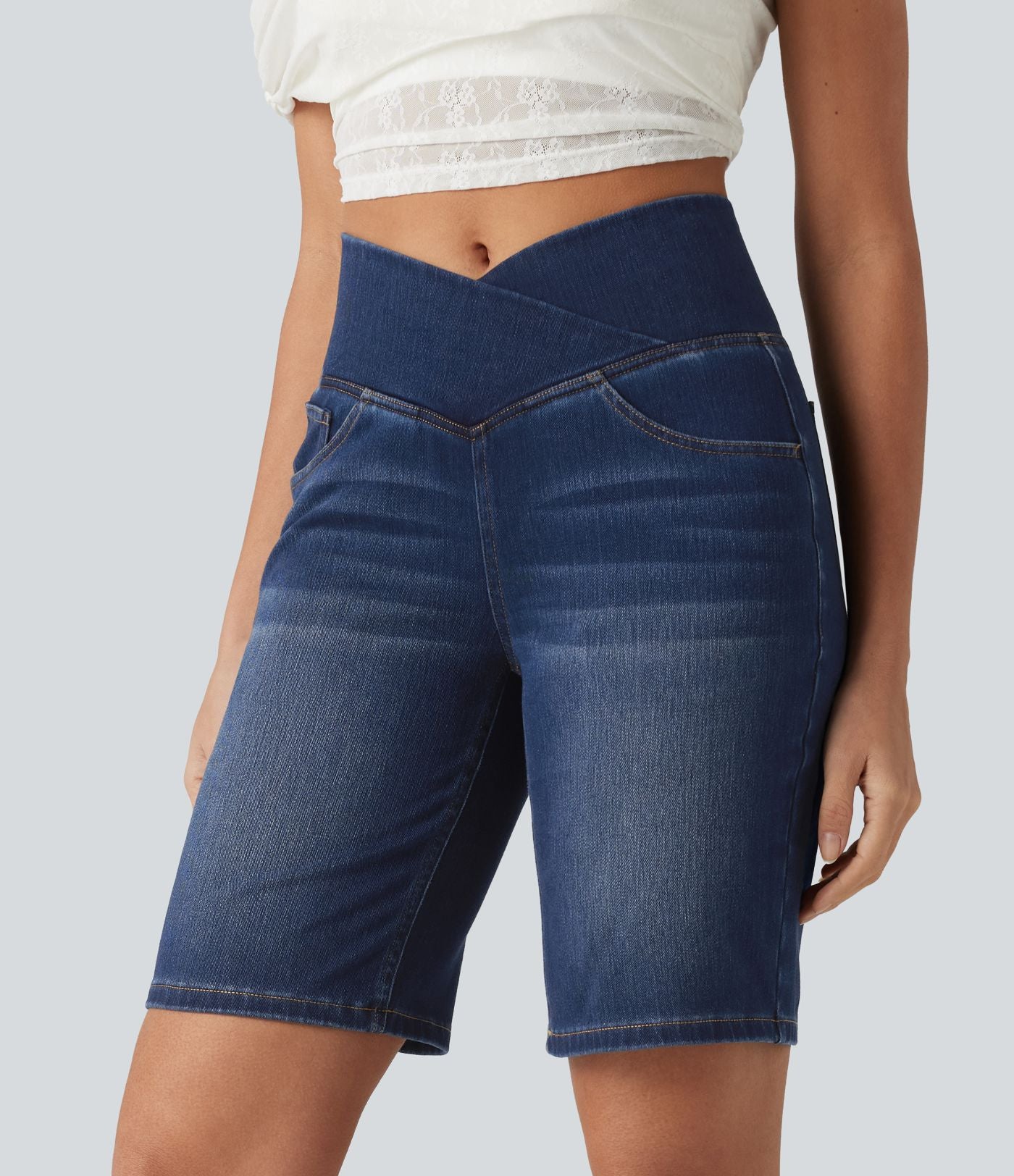 Short en jean Halara Flex™ casual gainant taille haute croisée avec poches
