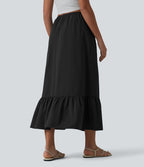 Jupe casual mi-longue évasée en popeline stretch taille haute avec cordon de serrage, ourlet volanté et poches