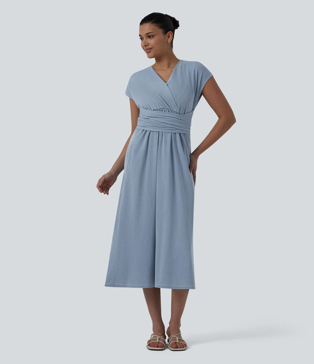 Robe mi-longue casual denim Halara Flex™ col V manches courtes avec nœud au dos et poches