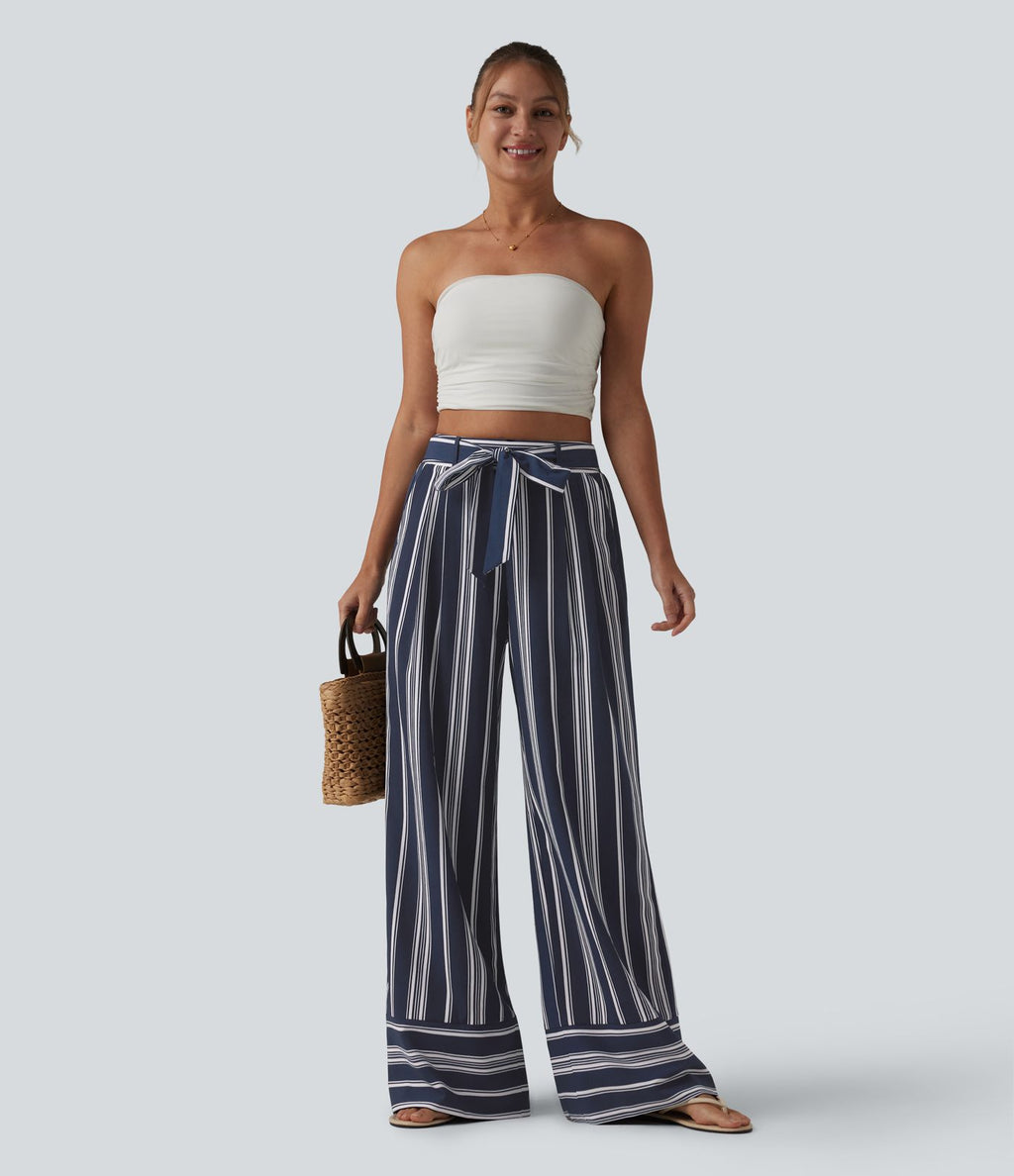 Pantalon large taille haute à rayures avec ceinture et poches