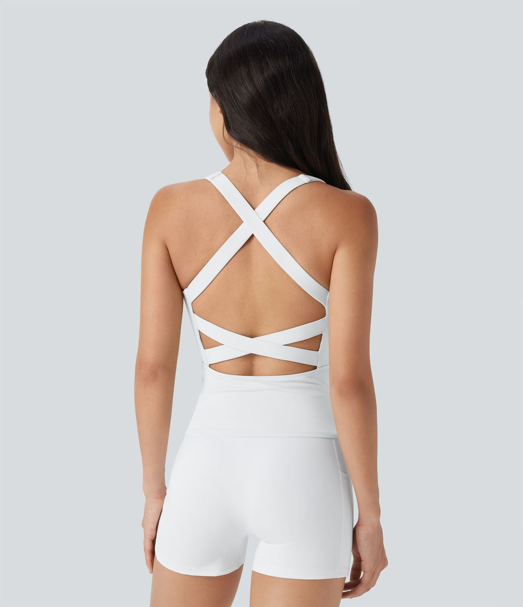 Débardeur de course crop top dos nu col carré bretelles croisées Softlyzero™ Airy Cool Touch - longueur rallongée - UPF50+