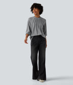 Blouse mesh contrastant col rond manches raglan longues