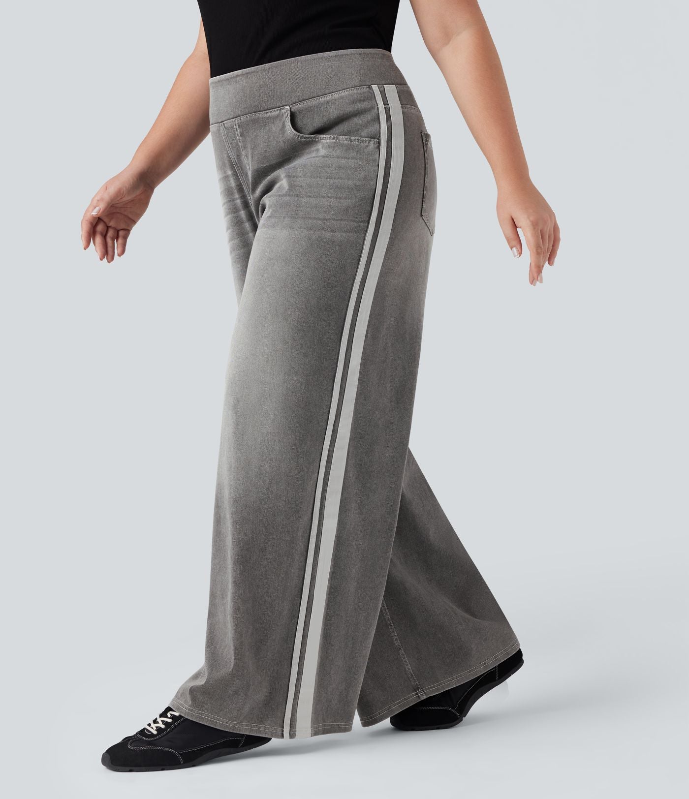 Halara Flex™ Jean large fluide taille haute à rayures délavé décontracté grande taille avec poches