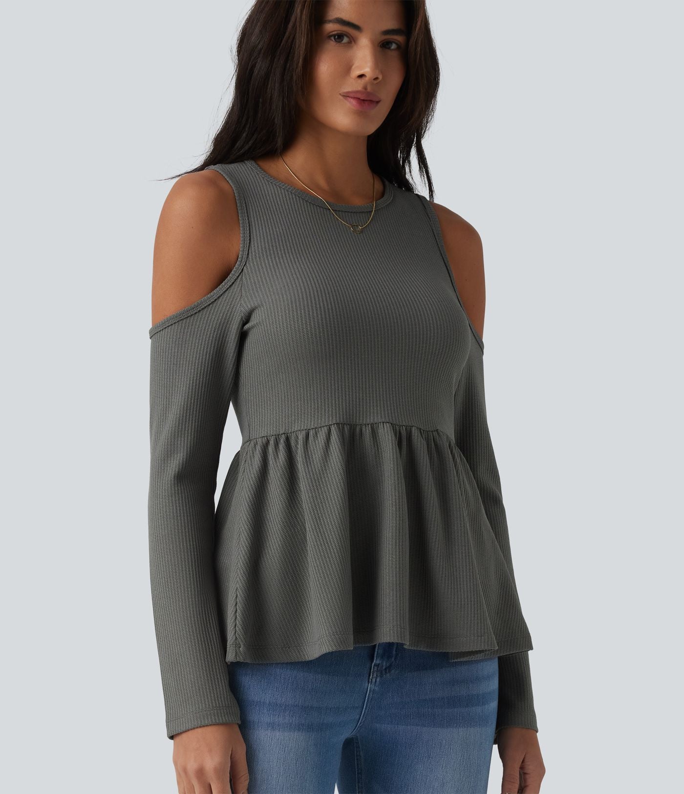 T-shirt décontracté gaufré col rond manches longues découpes ourlet à volants