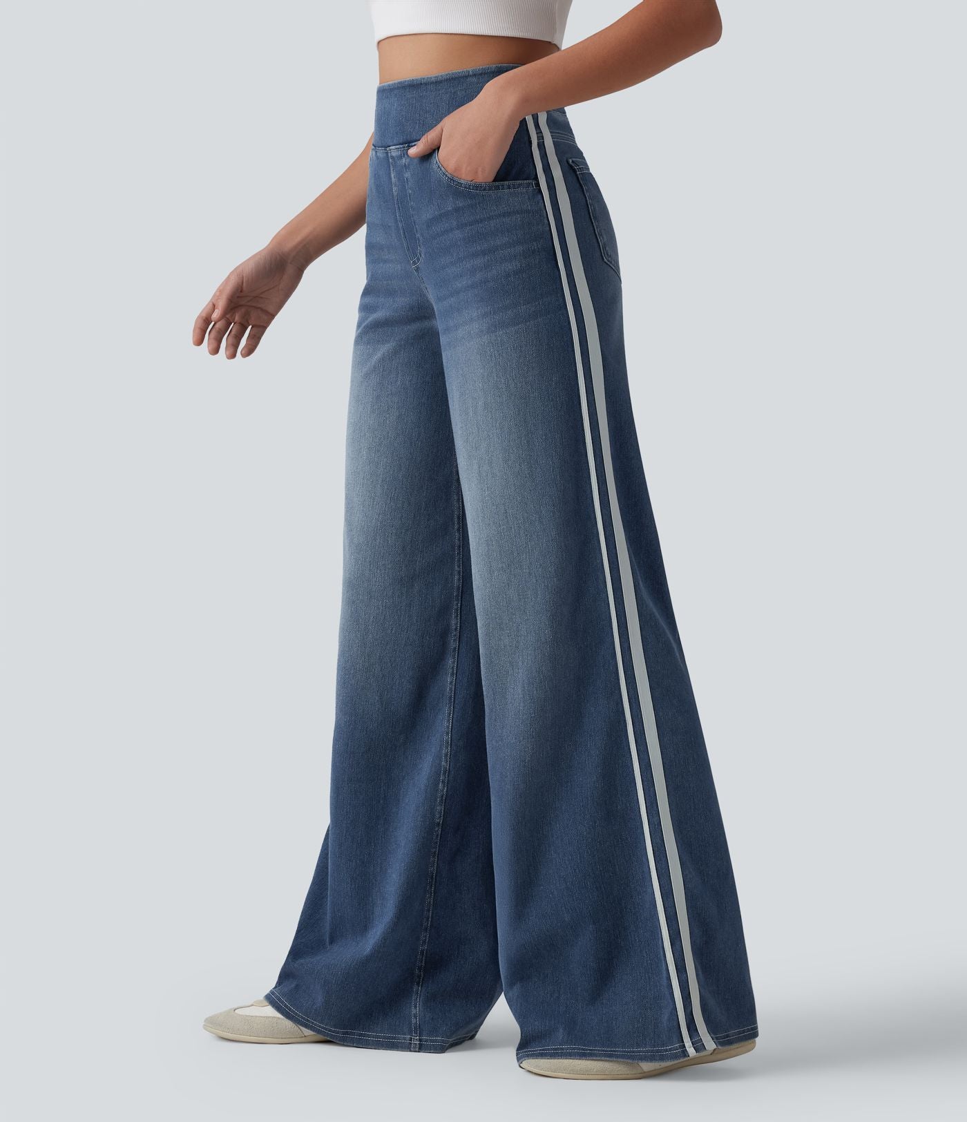 Halara Flex™ Jean large fluide délavé taille haute à rayures avec poches