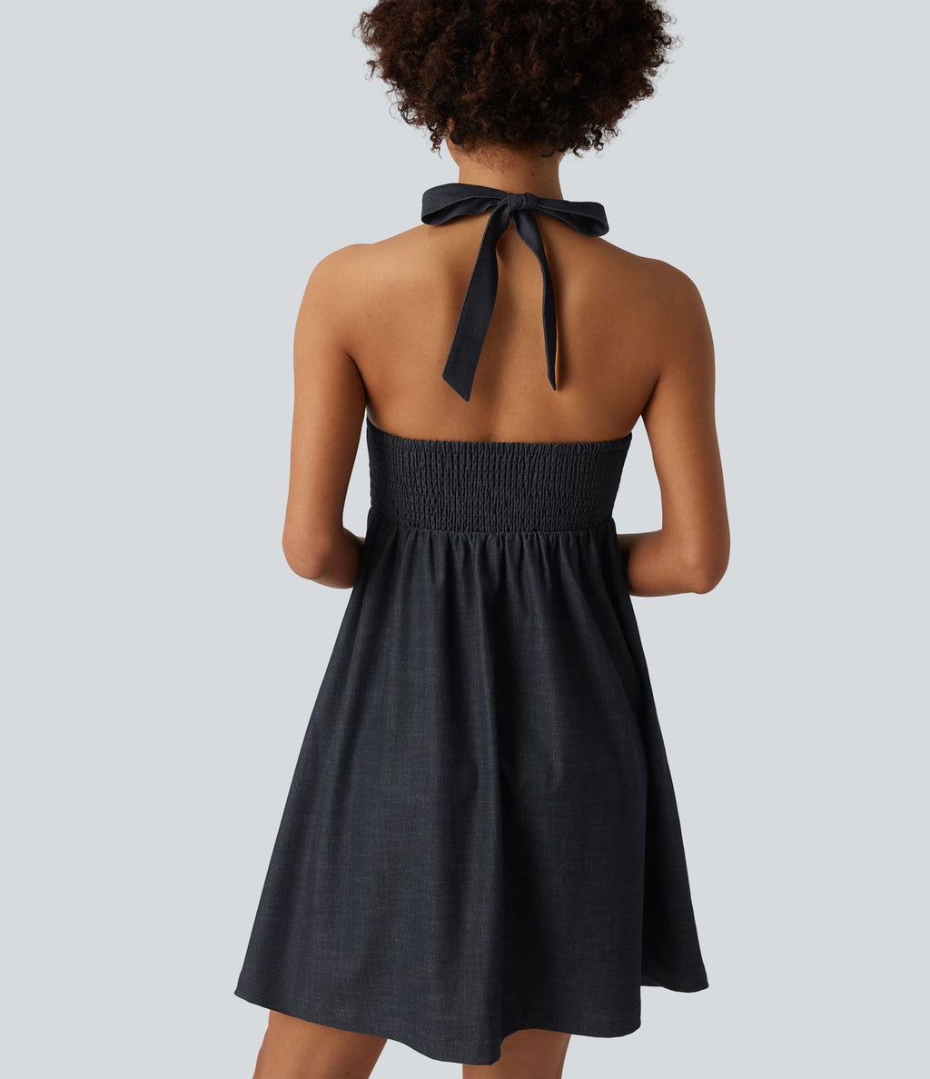 Robe resort dos-nu dos nu à smocks aspect jean avec poches