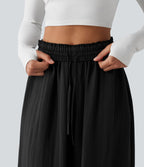 Pantalon large fluide décontracté taille haute avec cordon de serrage intérieur avec poches