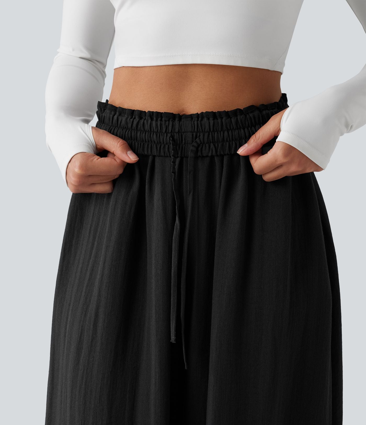 Pantalon large fluide décontracté taille haute avec cordon de serrage intérieur avec poches