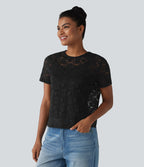 T-shirt casual 2-en-1 en dentelle col rond à manches courtes