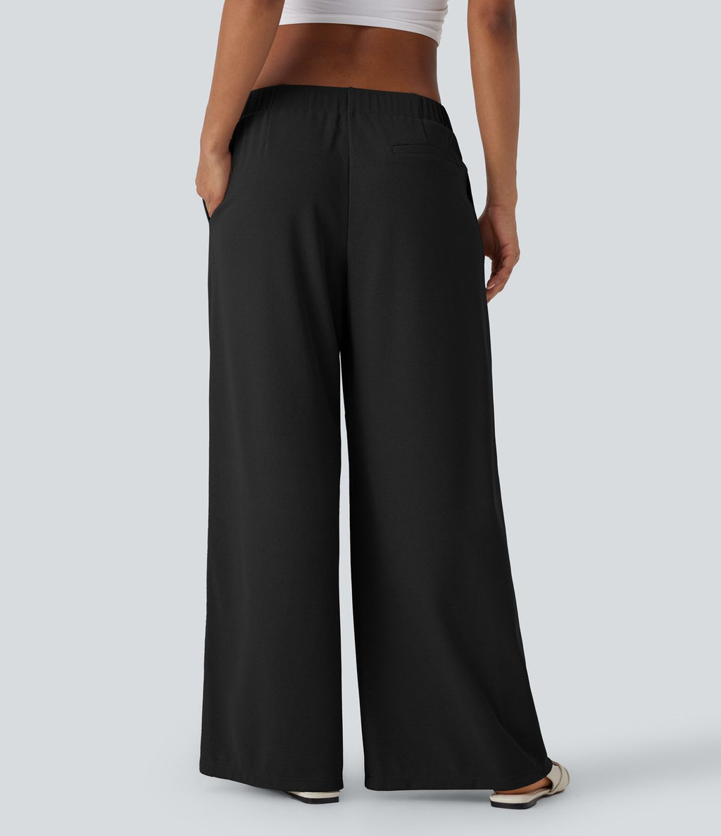 Pantalon décontracté taille basse à jambes larges en tissu gaufré avec poches latérales