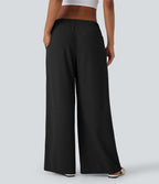 Pantalon décontracté taille basse à jambes larges en tissu gaufré avec poches latérales