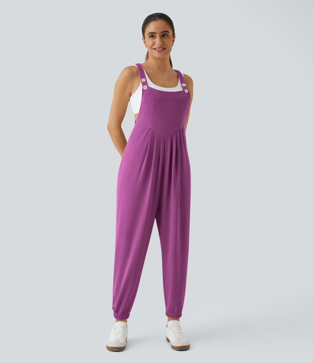 Salopette Casual Bretelles Ajustables Boutonnés Multiples Poches Plis et Tissu Gaufré