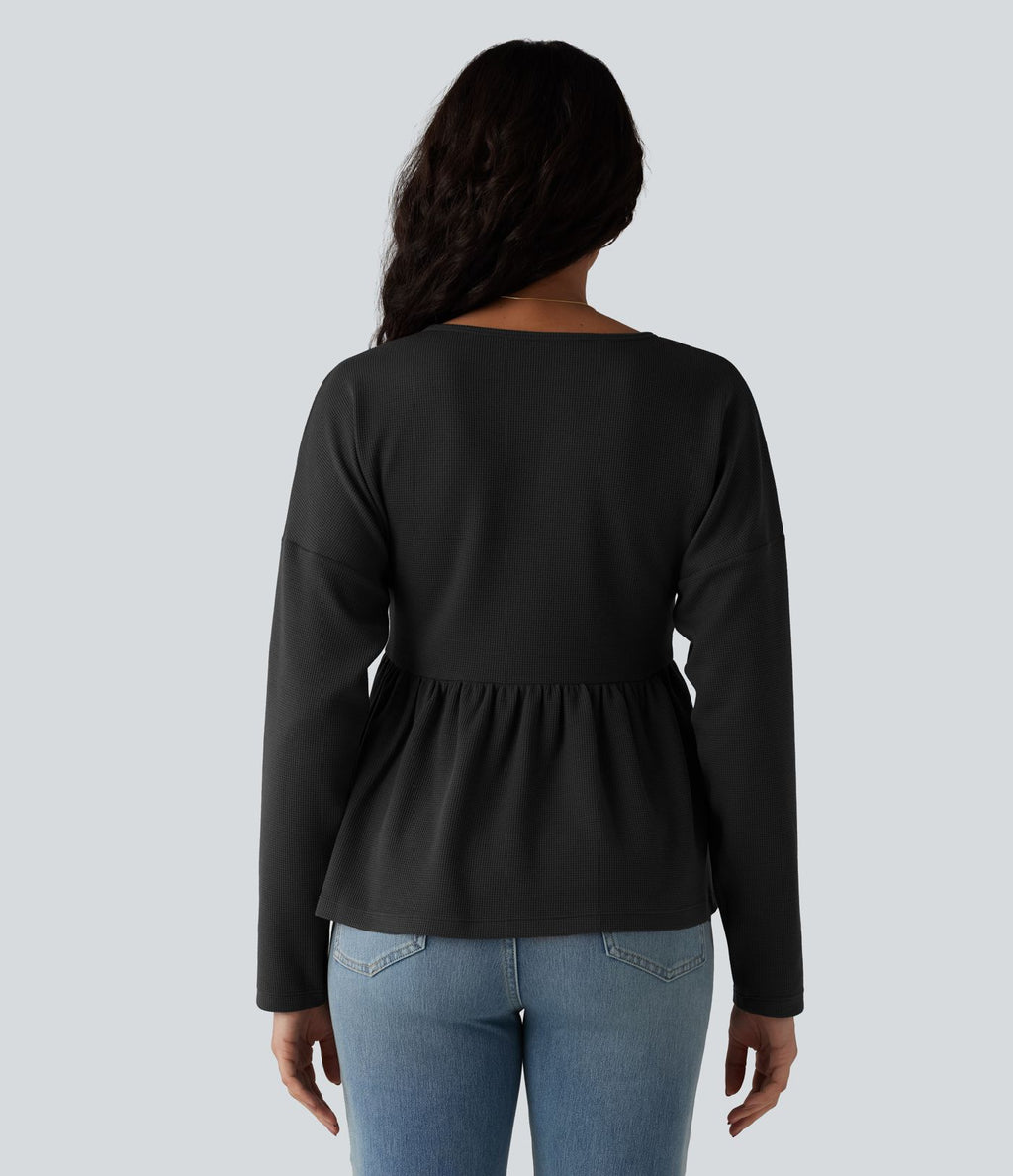 Haut casual babydoll Henley manches longues en tissu gaufré