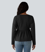 Haut casual babydoll Henley manches longues en tissu gaufré