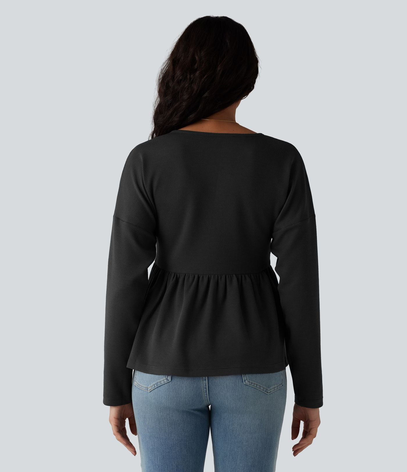 Haut casual babydoll Henley manches longues en tissu gaufré