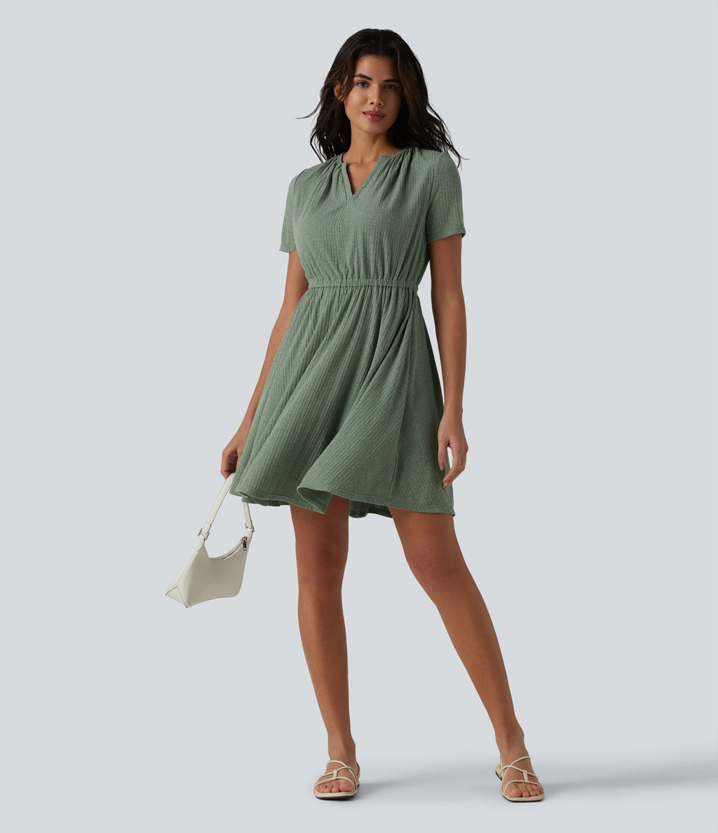 Robe mini évasée décontractée, maille côtelée en lin mélangé,  col V, manches courtes