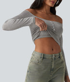 T-shirt casual ultra-ajusté côtelé épaules dénudées à manches longues avec soutien-gorge intégré