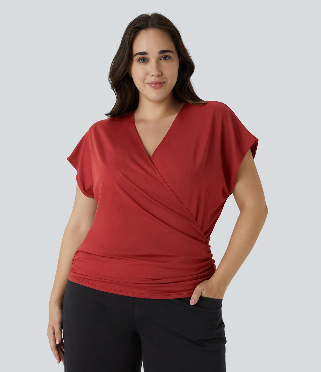 Blouse Travail Unie Froncée Croisée Manches Courtes Col en V Grande Taille