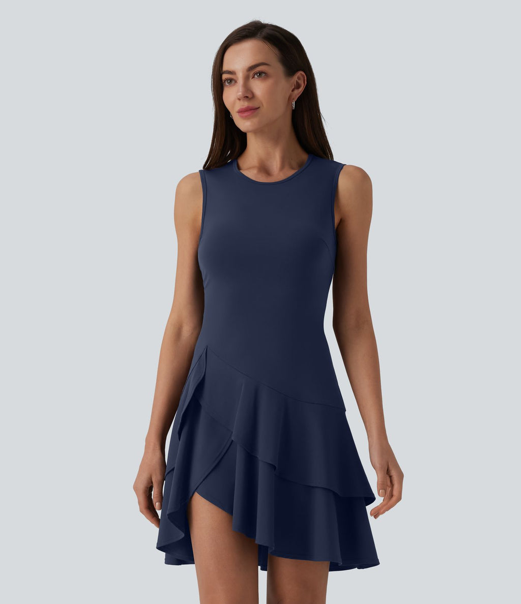 Robe mini décontractée SoftlyZero™ Airy col rond sans manches à volants superposés effet frais InstantCool