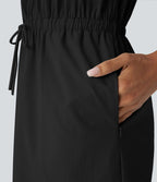 Robe courte de randonnée déperlante et résistante à l'usure, col en U sans manches avec demi-fermeture éclair, cordon de serrage, poches latérales et ourlet arrondi